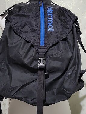 Marmot Black Lightweight Backpack with Blue Logo and Zipper Accent